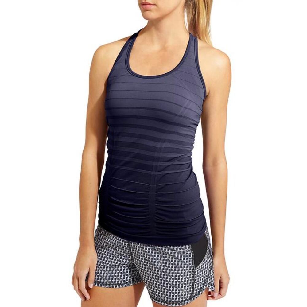 Athleta Fastest Track Tank Top Women’s M Sleeveless Ruched Navy Gradient Stripe